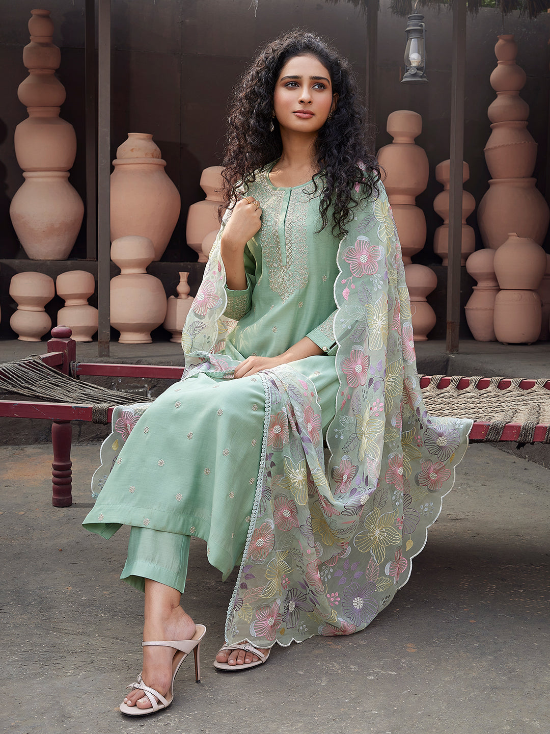 Sage Mint Silk Blend Suit Set with Dupatta