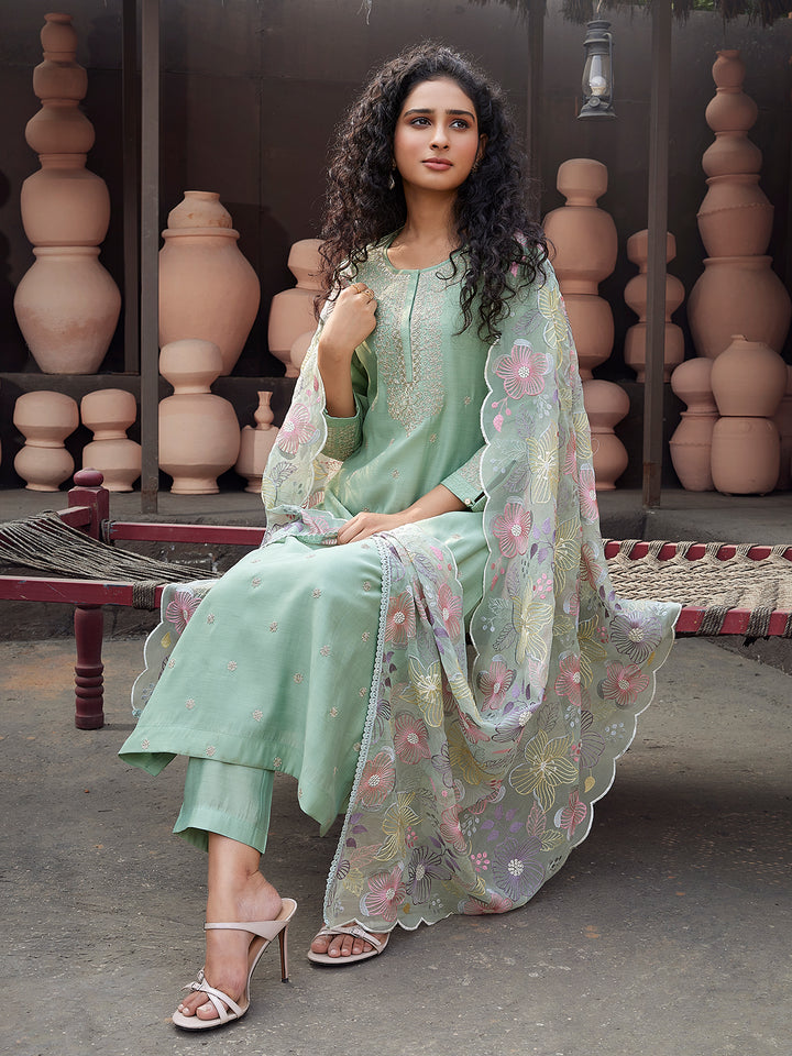 Sage Mint Silk Blend Suit Set with Dupatta