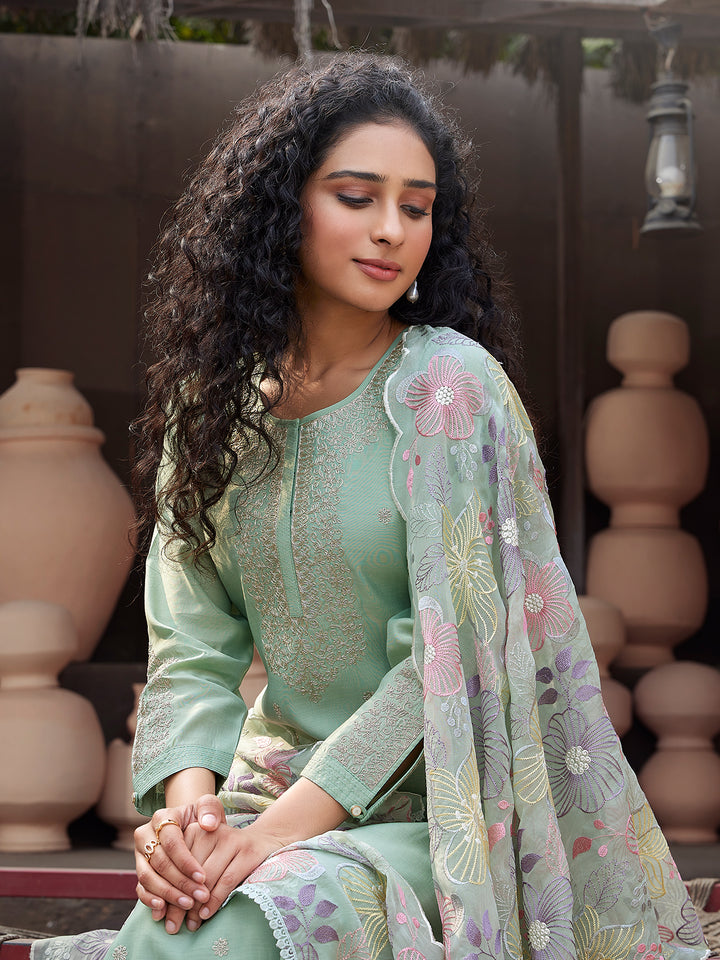 Sage Mint Silk Blend Suit Set with Dupatta