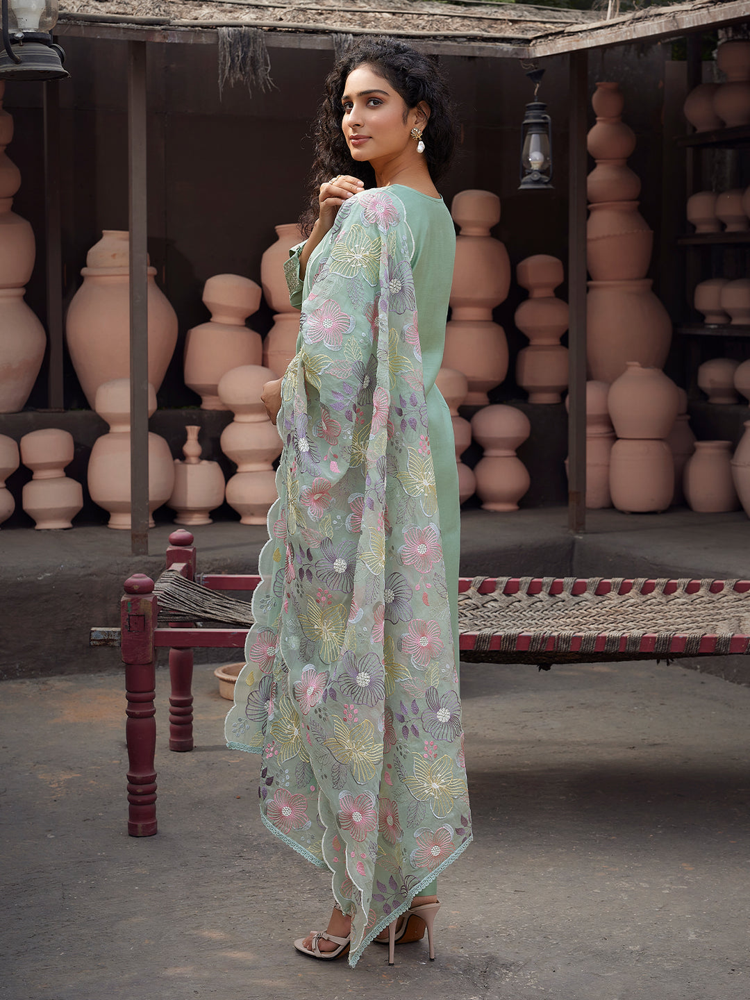 Sage Mint Silk Blend Suit Set with Dupatta