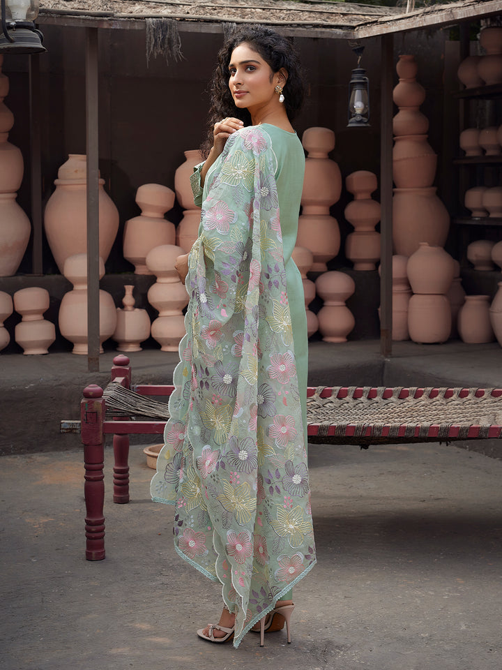 Sage Mint Silk Blend Suit Set with Dupatta