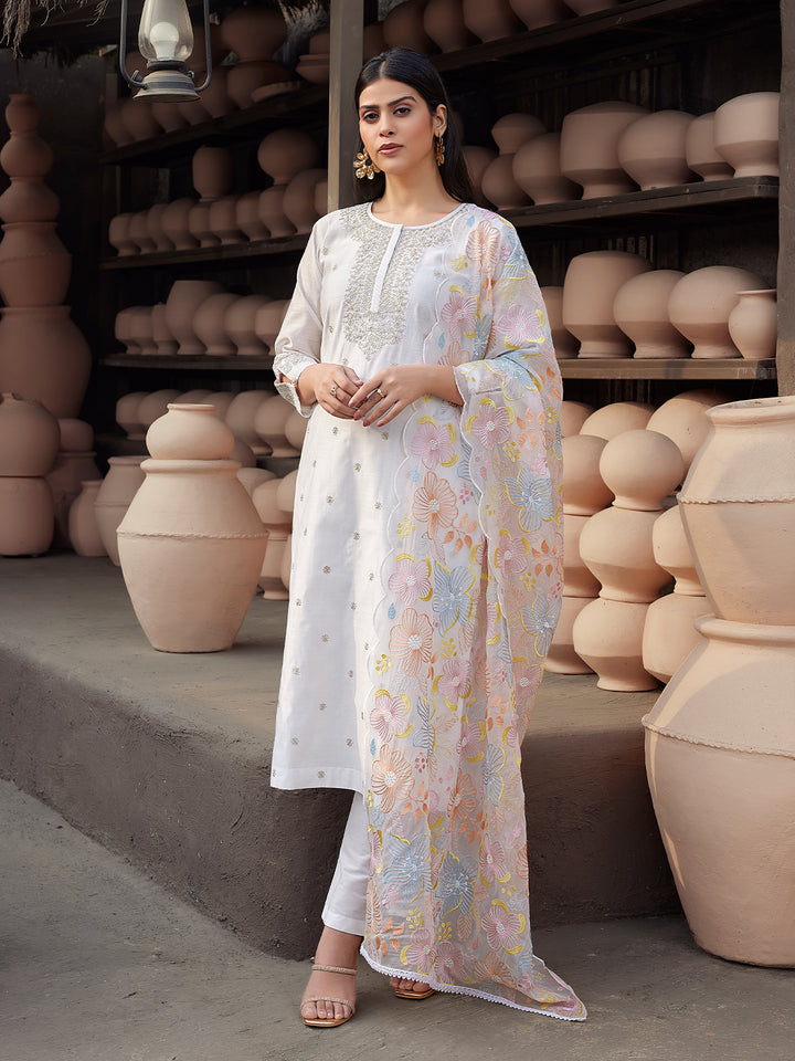 White Silk Blend Suit Set with Dupatta