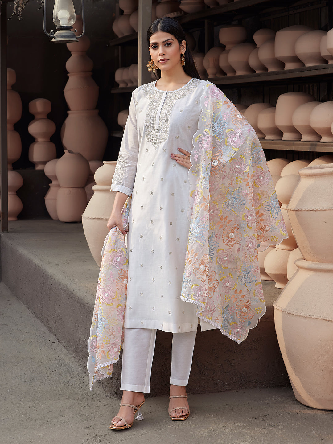 White Silk Blend Suit Set with Dupatta
