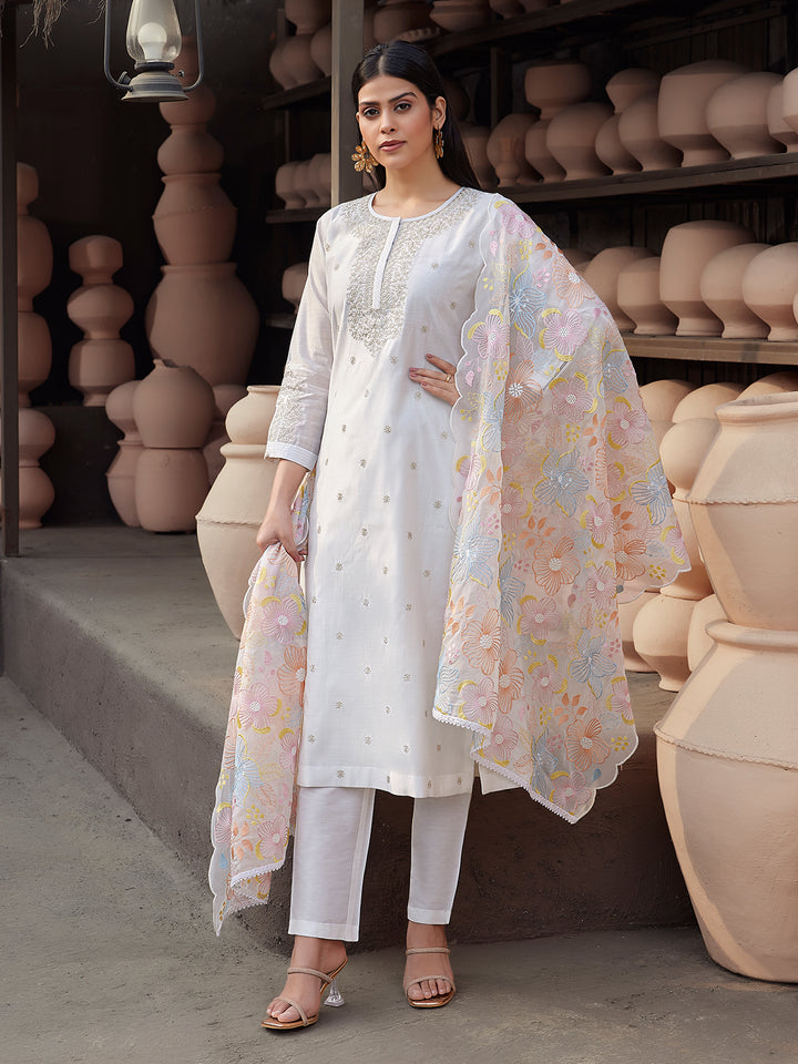 White Silk Blend Suit Set with Dupatta