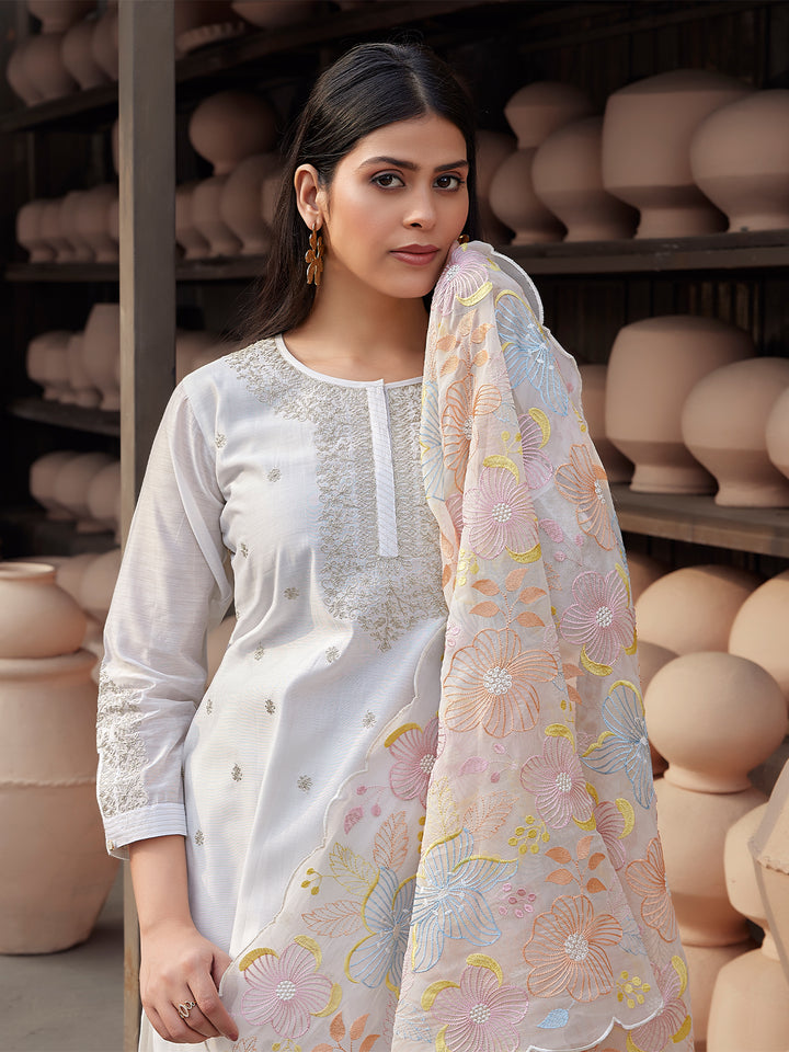 White Silk Blend Suit Set with Dupatta
