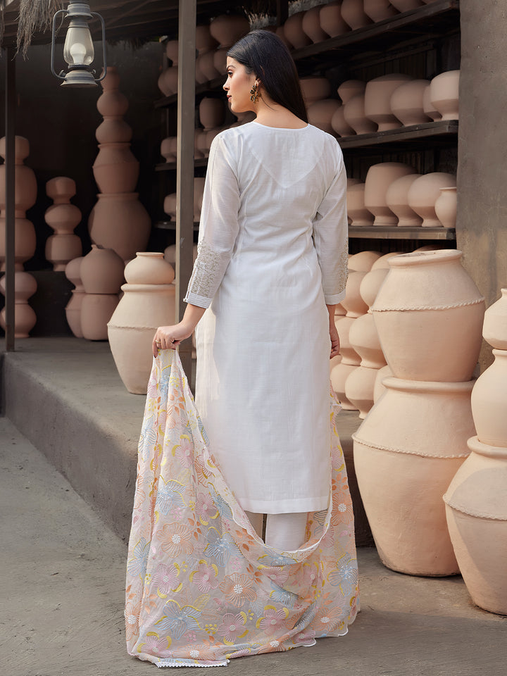 White Silk Blend Suit Set with Dupatta