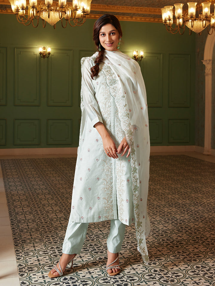 Powder Blue Semi Silk Suit Set with Dupatta