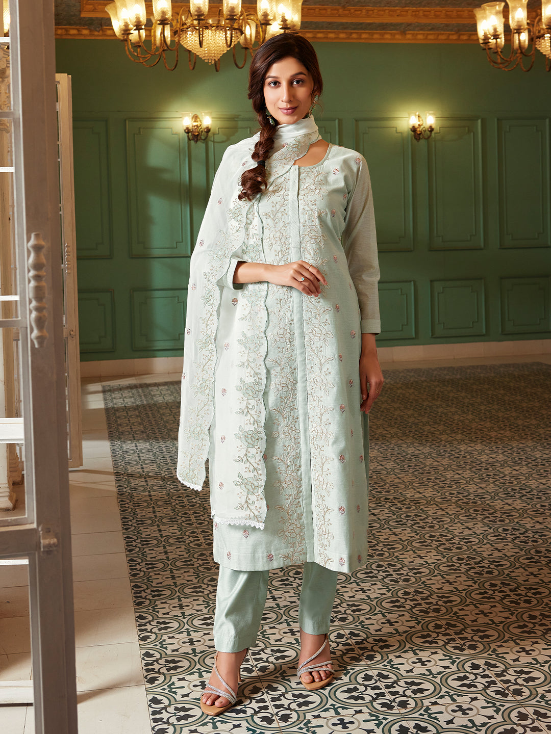 Powder Blue Semi Silk Suit Set with Dupatta