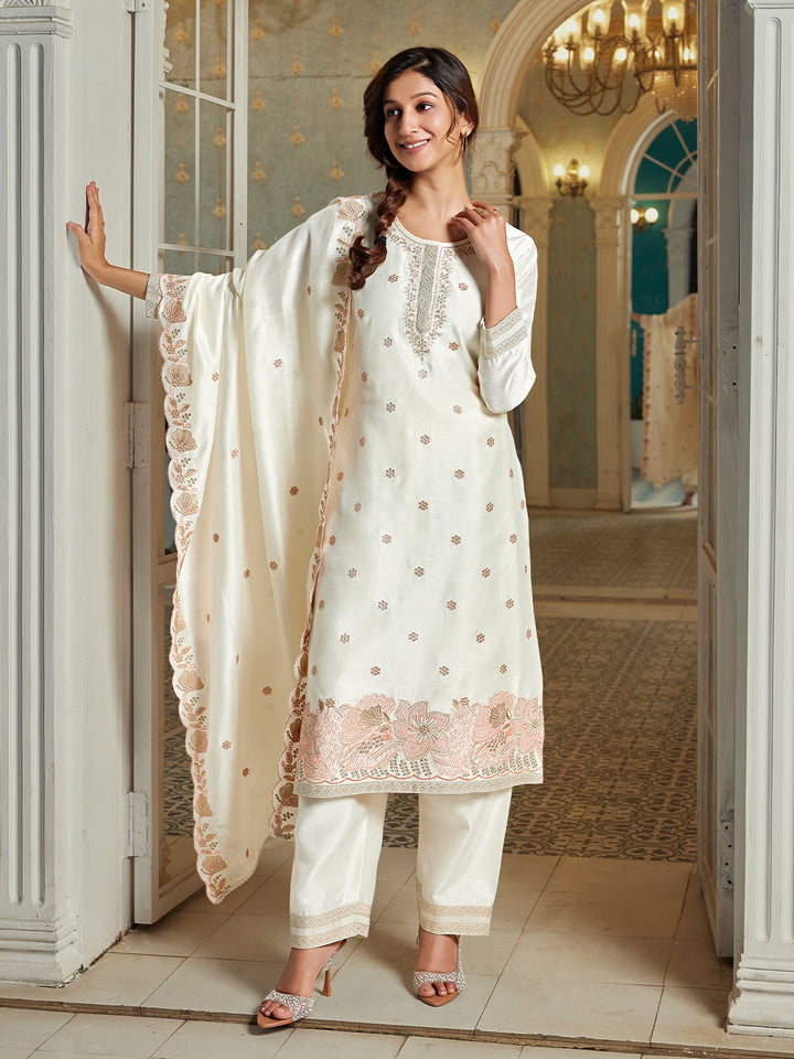 Cream Semi Silk Suit Set with Dupatta