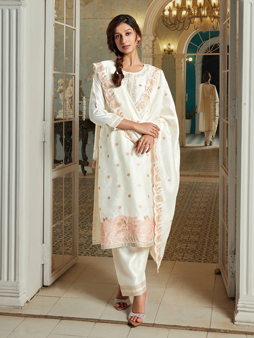 Cream Semi Silk Suit Set with Dupatta
