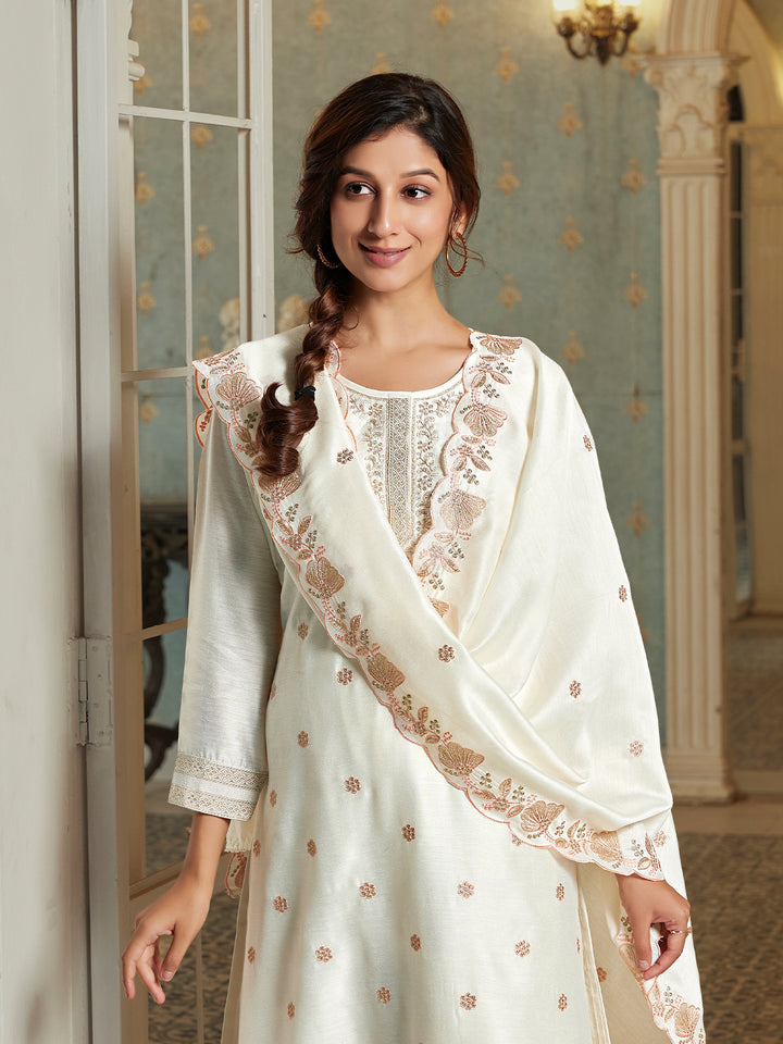 Cream Semi Silk Suit Set with Dupatta