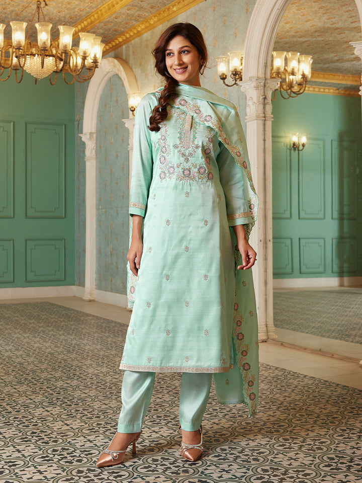 Mint Blue Semi Silk Suit set with Dupatta