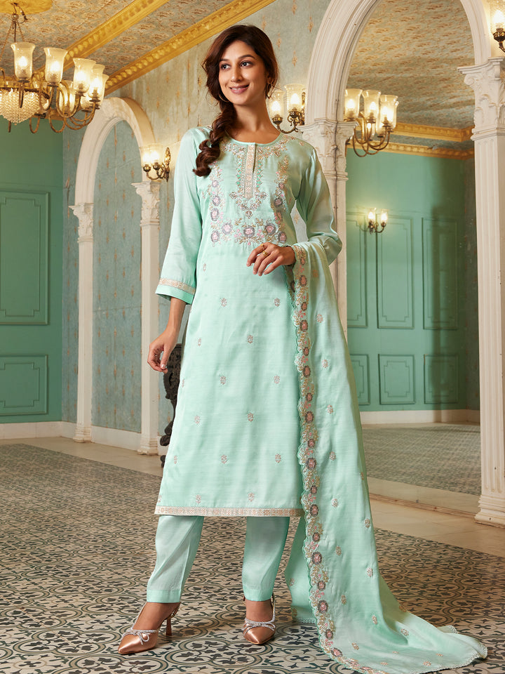 Mint Blue Semi Silk Suit set with Dupatta
