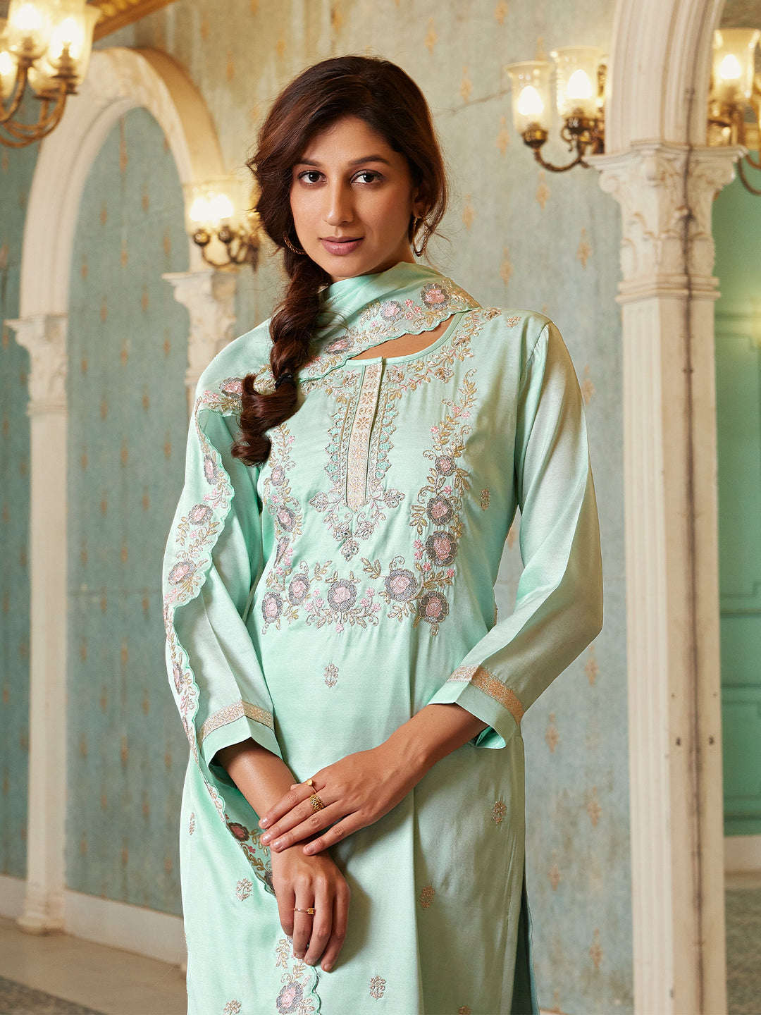 Mint Blue Semi Silk Suit set with Dupatta