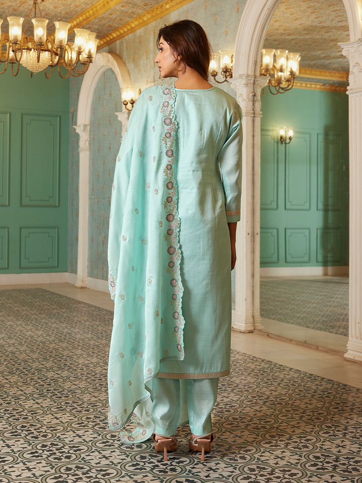 Mint Blue Semi Silk Suit set with Dupatta