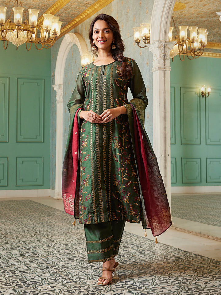 Deep Olive Semi Silk Suit Set with Dupatta