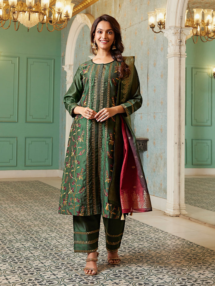 Deep Olive Semi Silk Suit Set with Dupatta