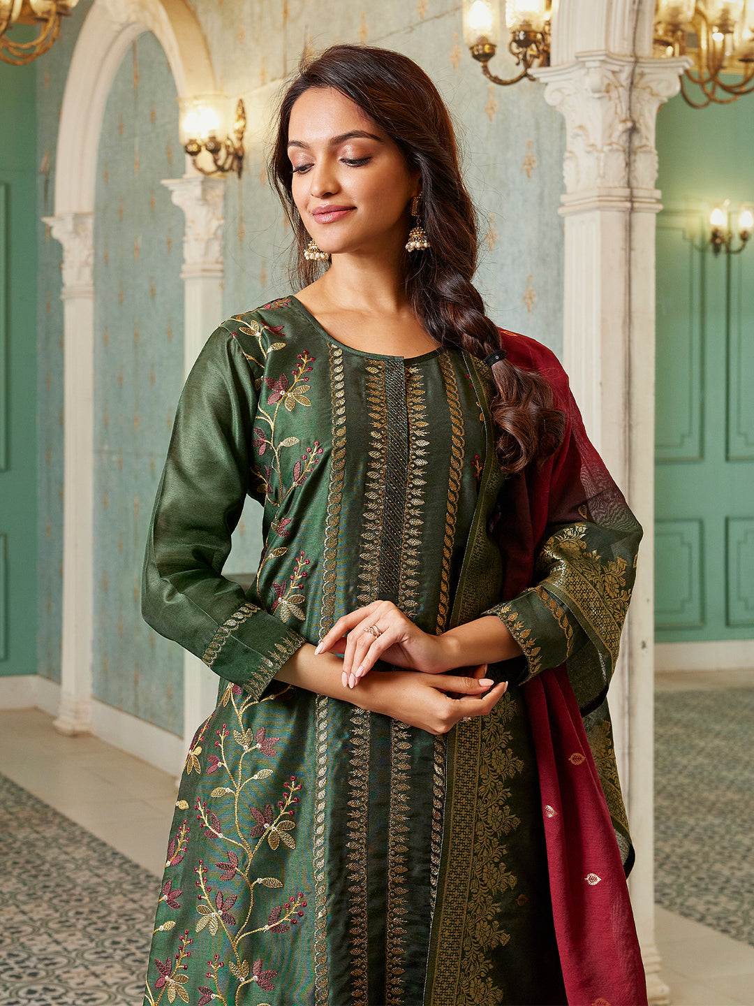 Deep Olive Semi Silk Suit Set with Dupatta