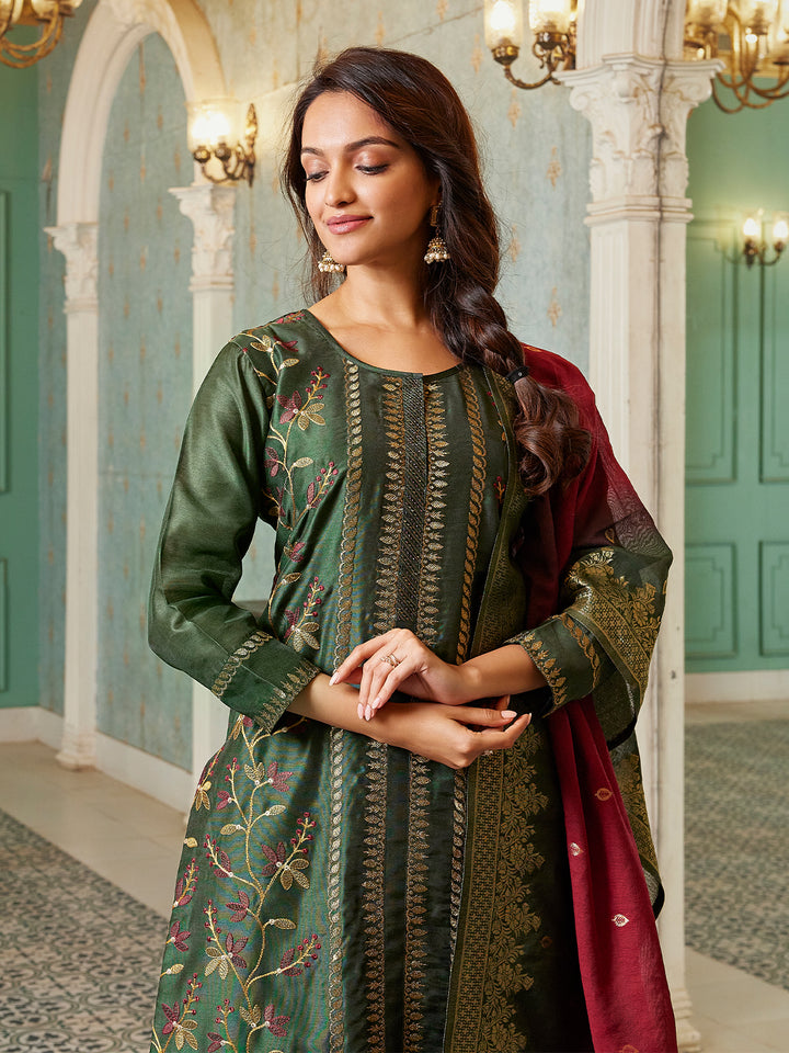 Deep Olive Semi Silk Suit Set with Dupatta