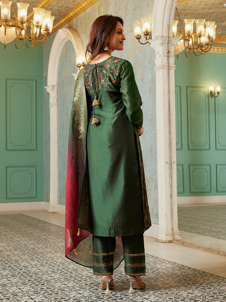 Deep Olive Semi Silk Suit Set with Dupatta