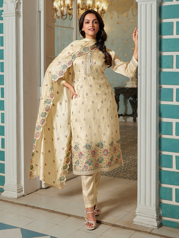 Beige Semi Silk Suit Set with Dupatta