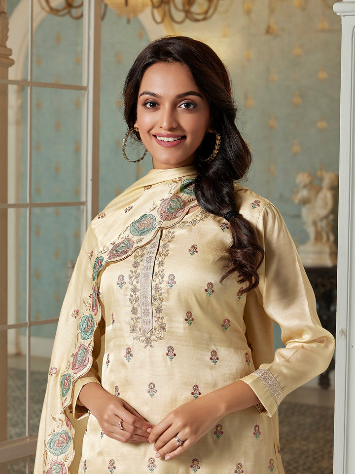 Beige Semi Silk Suit Set with Dupatta