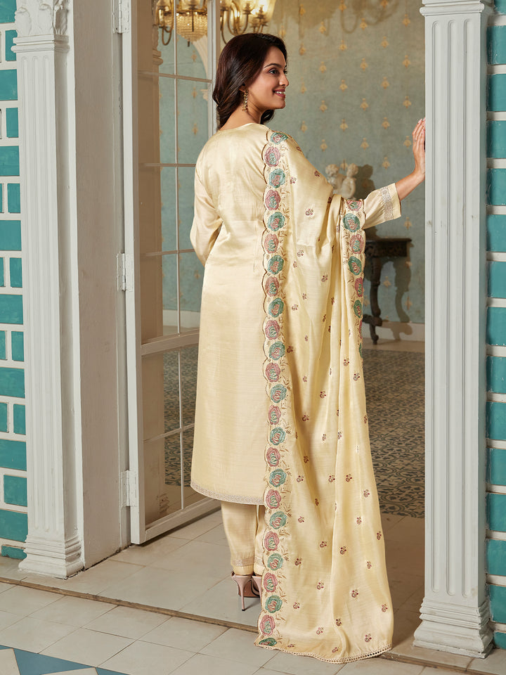 Beige Semi Silk Suit Set with Dupatta