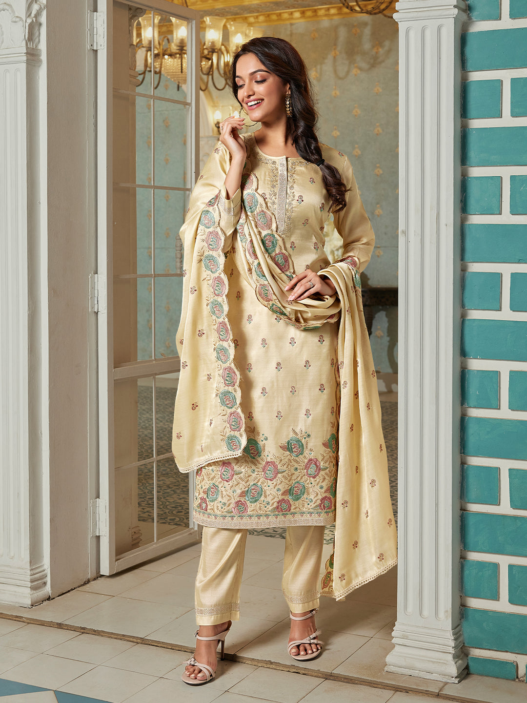 Beige Semi Silk Suit Set with Dupatta
