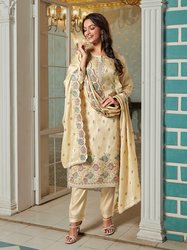 Beige Semi Silk Suit Set with Dupatta