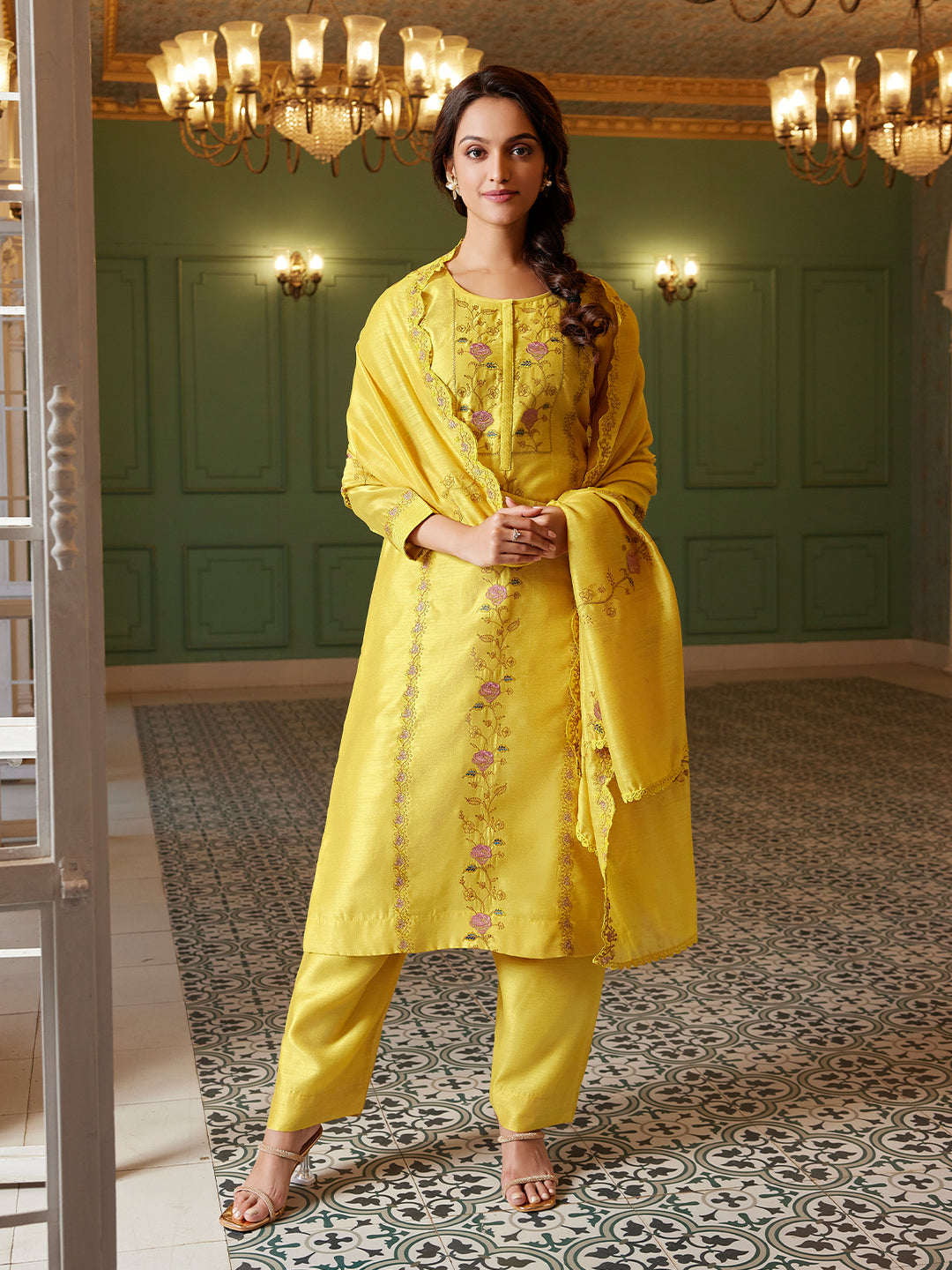 Sunflower Yellow Semi Silk Suit Set with Dupatta