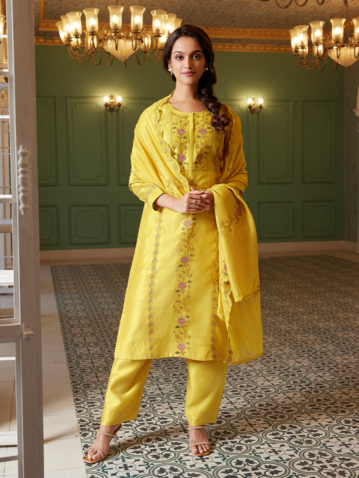 Sunflower Yellow Semi Silk Suit Set with Dupatta
