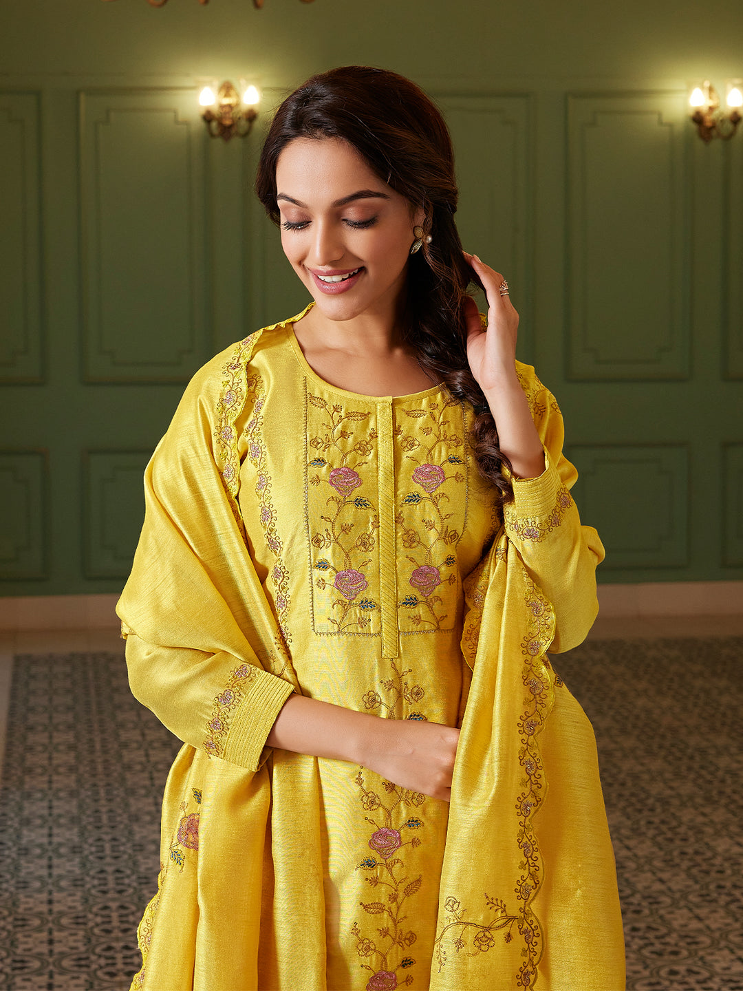 Sunflower Yellow Semi Silk Suit Set with Dupatta