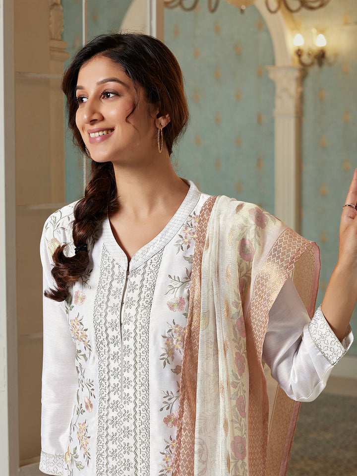 Ivory Semi Silk Suit Set with Dupatta