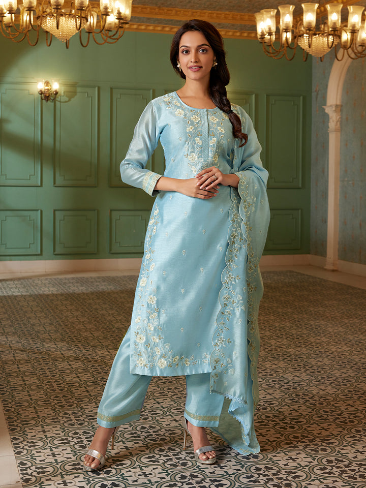 Powder Blue Semi Silk Suit Set with Dupatta