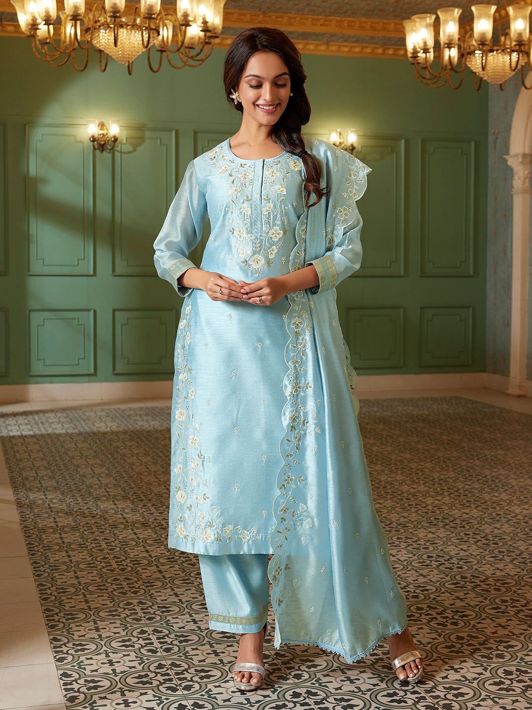 Powder Blue Semi Silk Suit Set with Dupatta