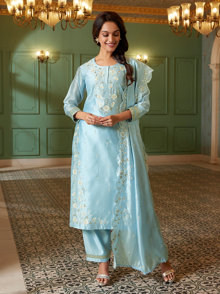 Powder Blue Semi Silk Suit Set with Dupatta