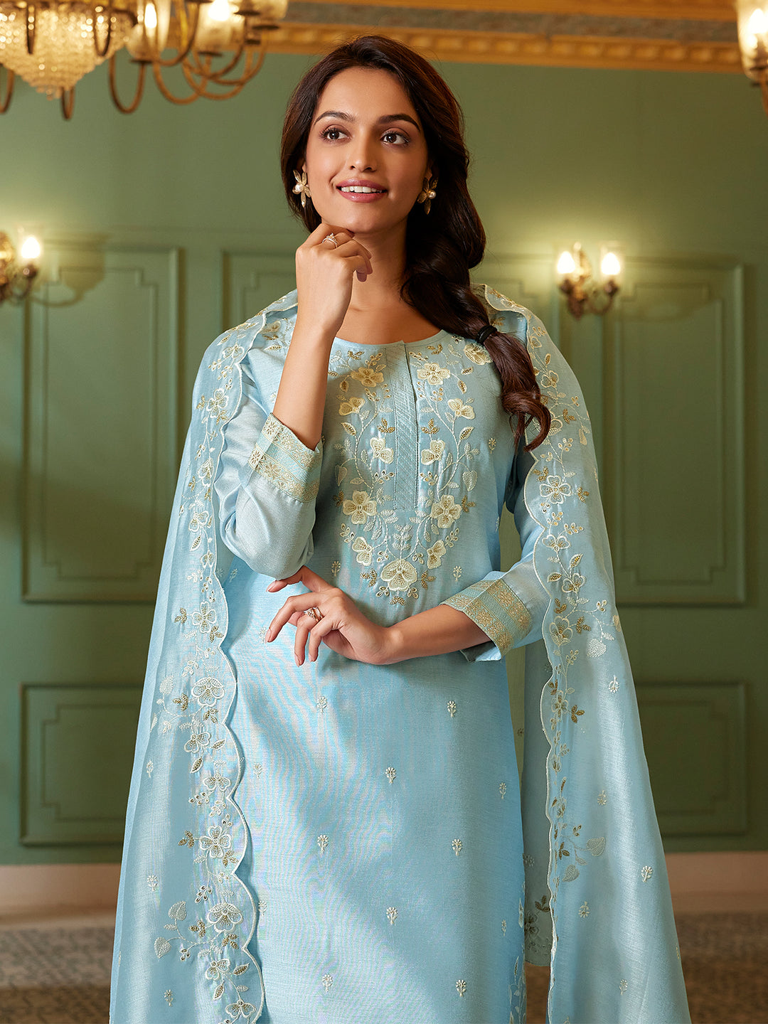Powder Blue Semi Silk Suit Set with Dupatta
