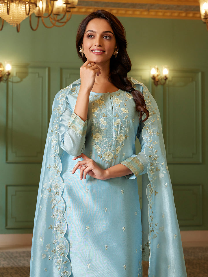 Powder Blue Semi Silk Suit Set with Dupatta