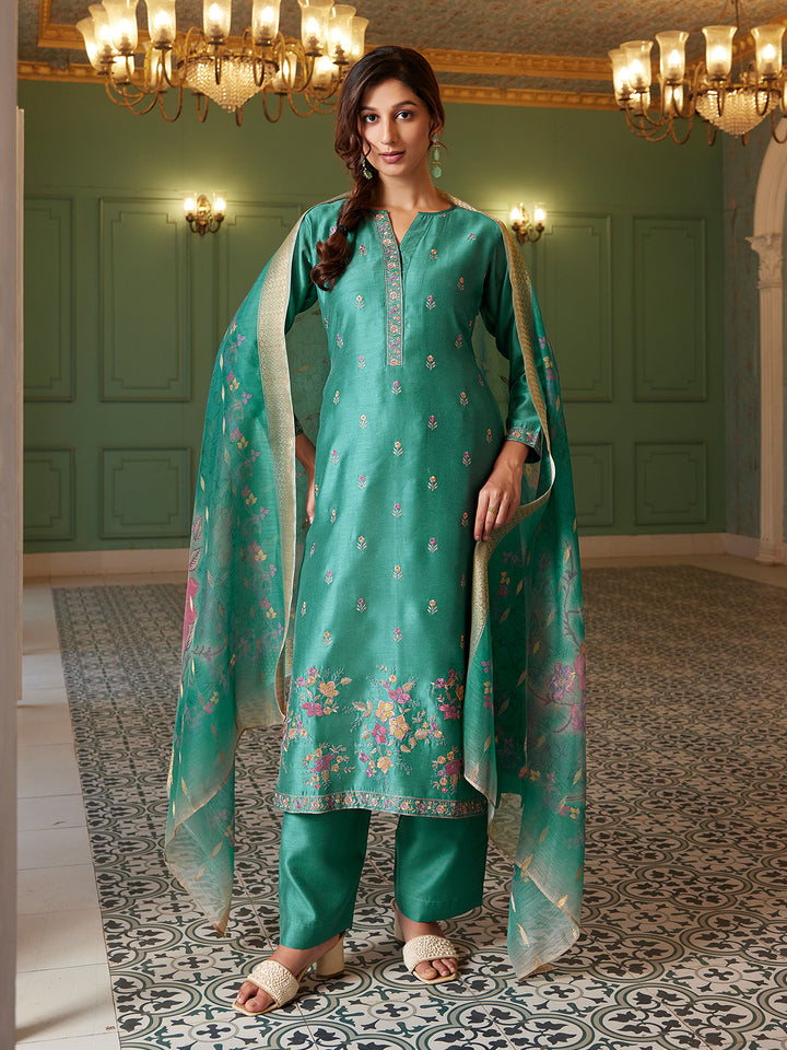 Teal Semi Silk Suit Set with Dupatta