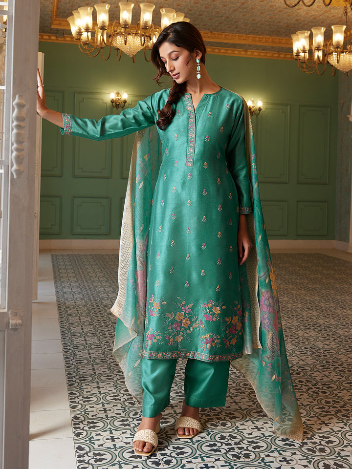Teal Semi Silk Suit Set with Dupatta
