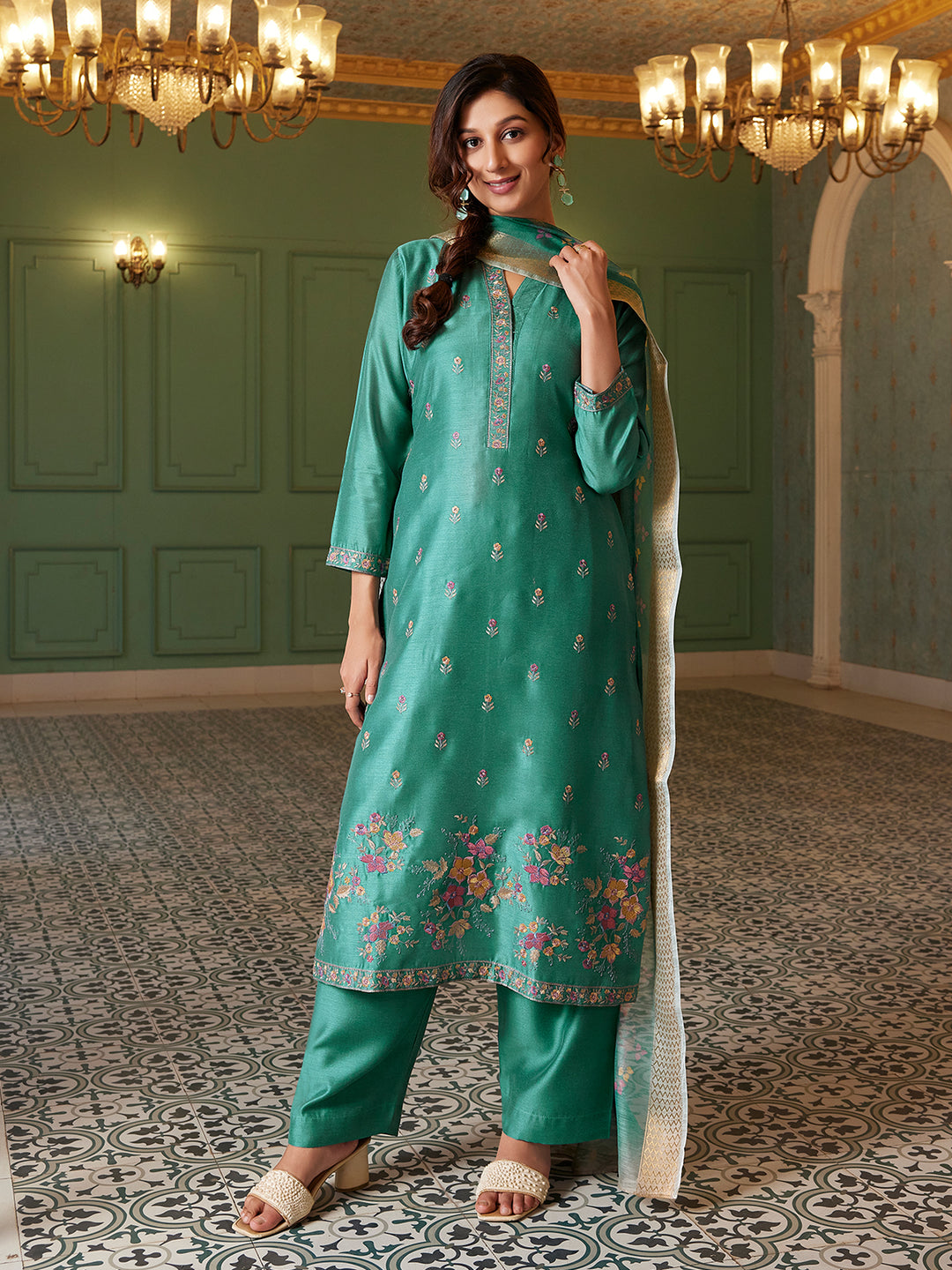 Teal Semi Silk Suit Set with Dupatta