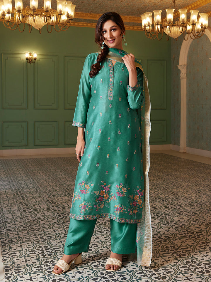 Teal Semi Silk Suit Set with Dupatta