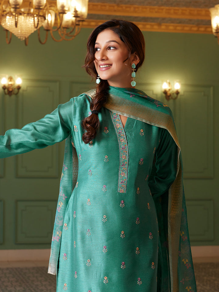 Teal Semi Silk Suit Set with Dupatta