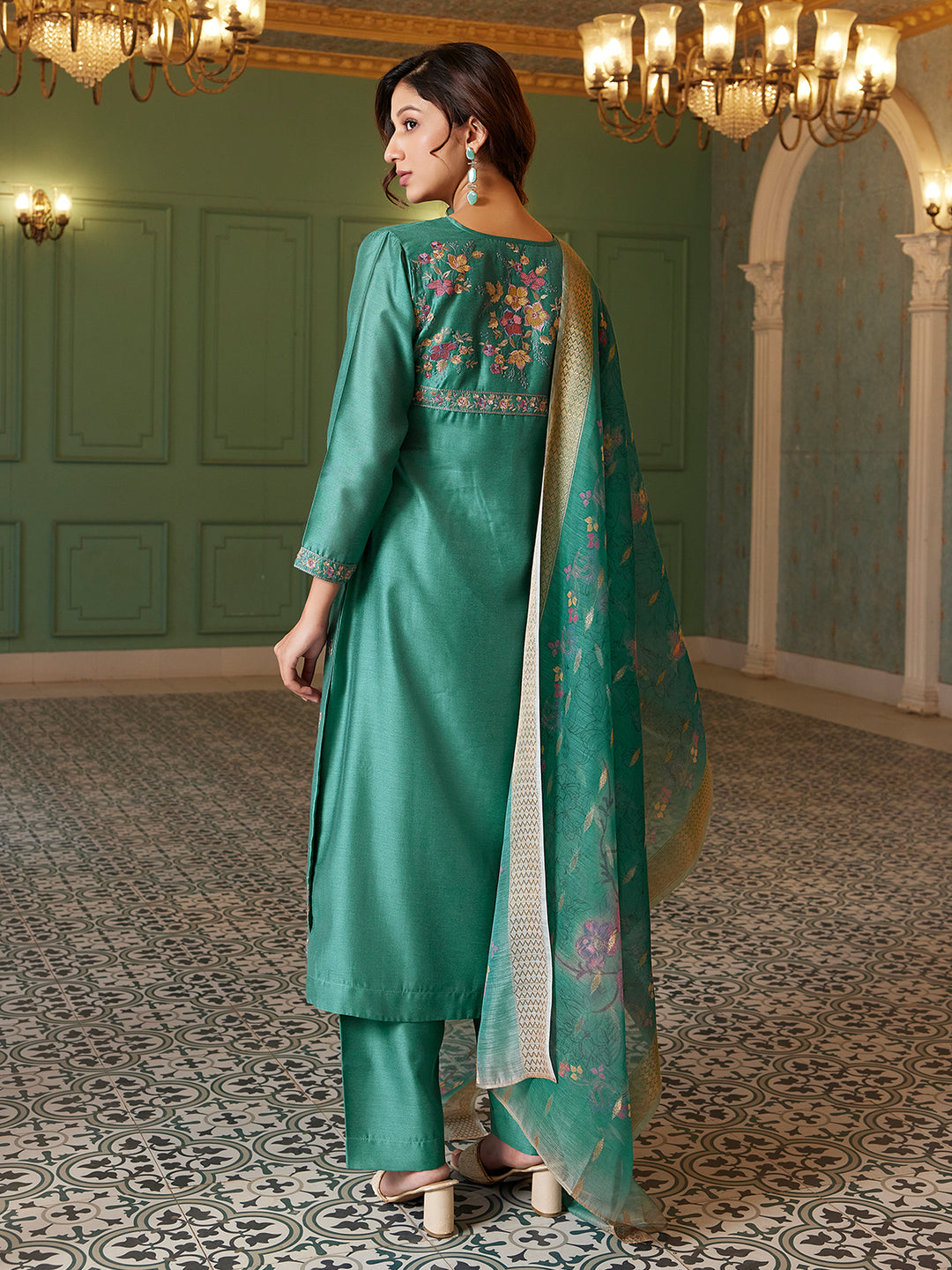 Teal Semi Silk Suit Set with Dupatta