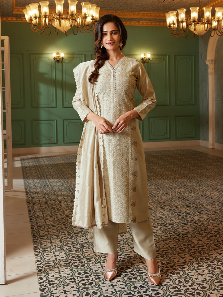 Beige Semi Silk Suit Set with Dupatta