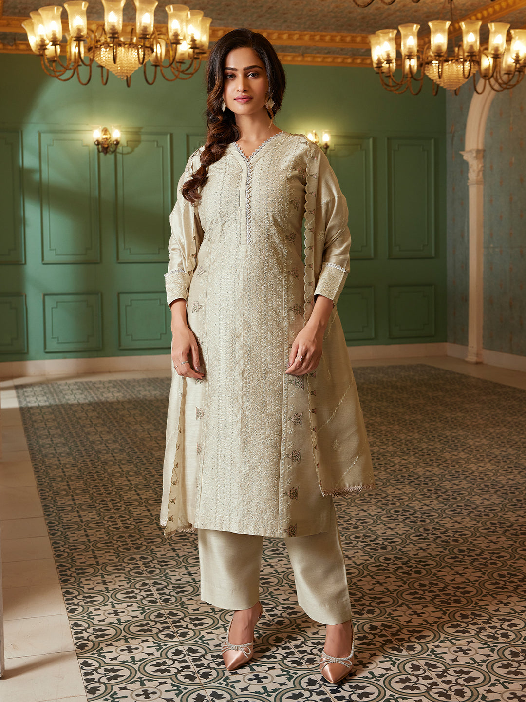 Beige Semi Silk Suit Set with Dupatta