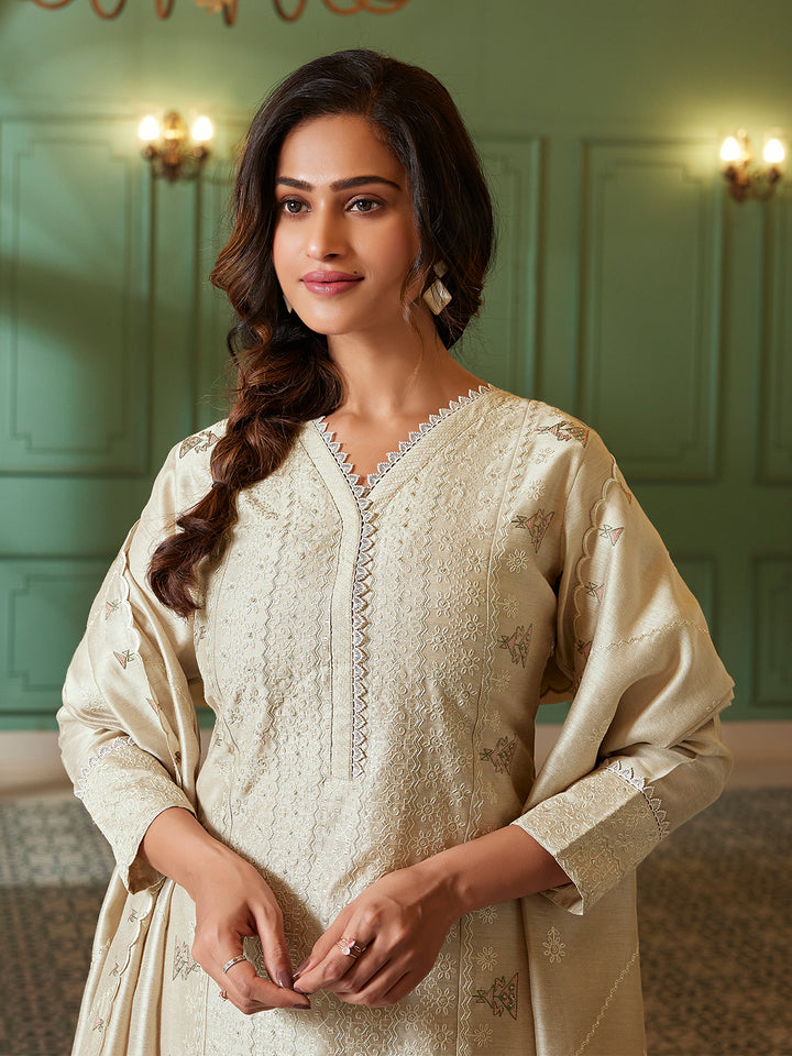 Beige Semi Silk Suit Set with Dupatta