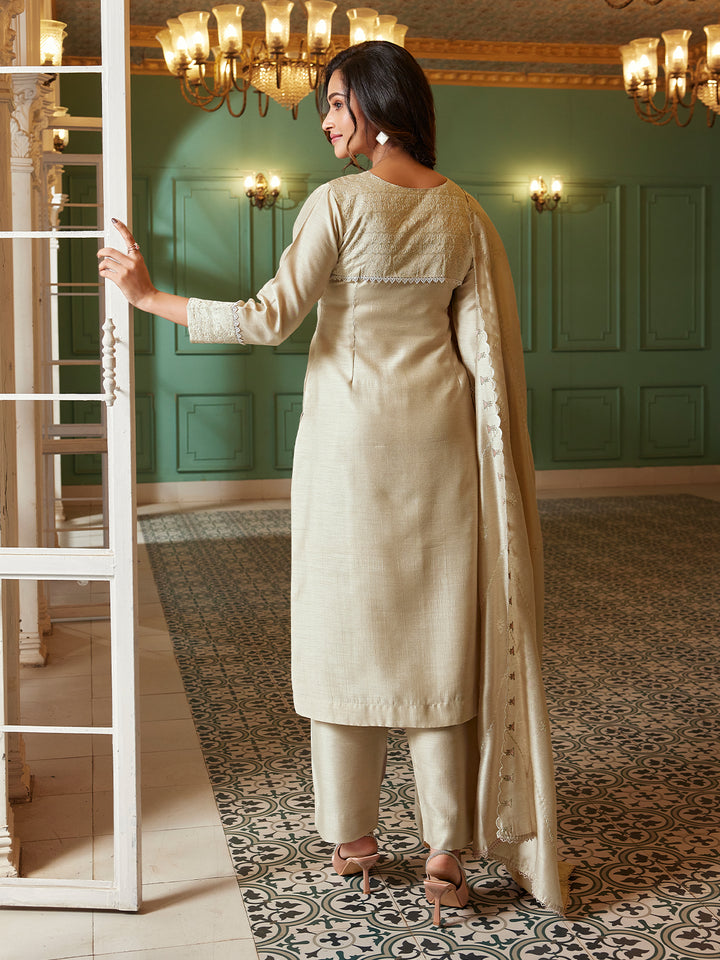 Beige Semi Silk Suit Set with Dupatta