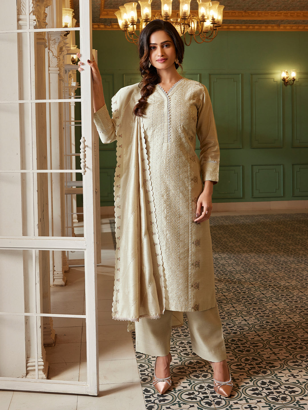 Beige Semi Silk Suit Set with Dupatta
