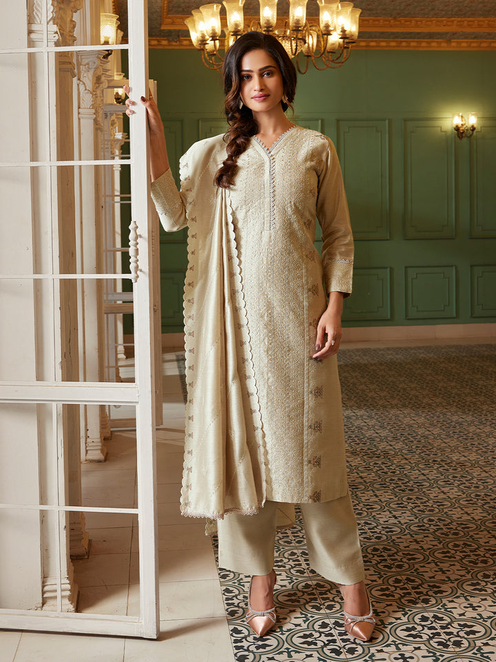 Beige Semi Silk Suit Set with Dupatta